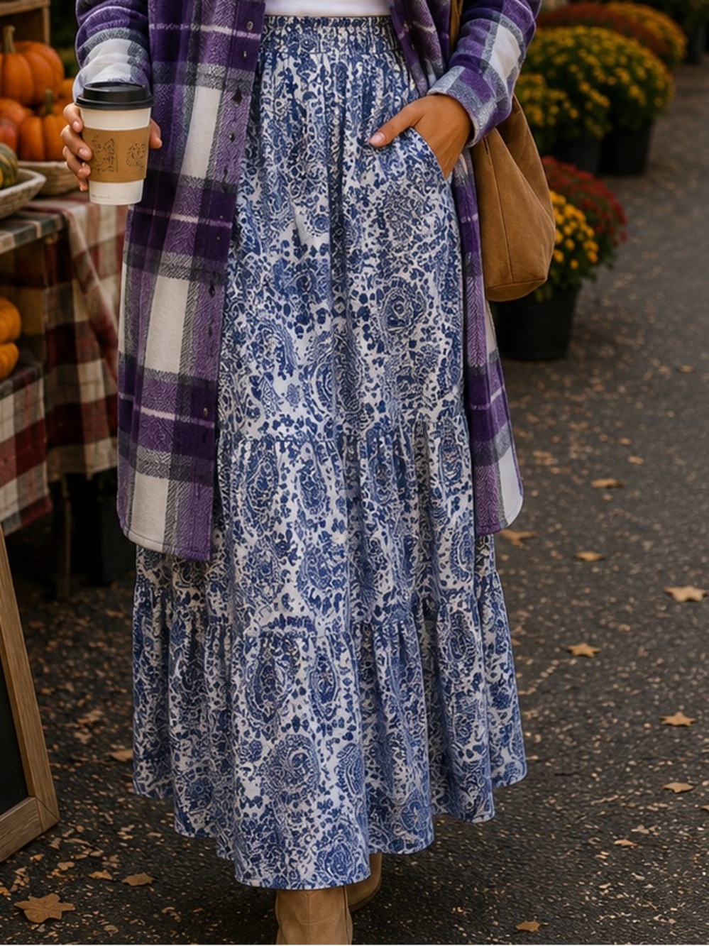 Blue Paisley Print Maxi Skirt with Elastic Waist